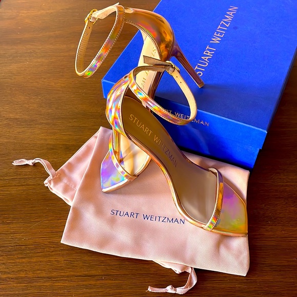 Stuart Weitzman 8.5 Nudistcurve Rose Gold Hologram 4” Heel Sandal